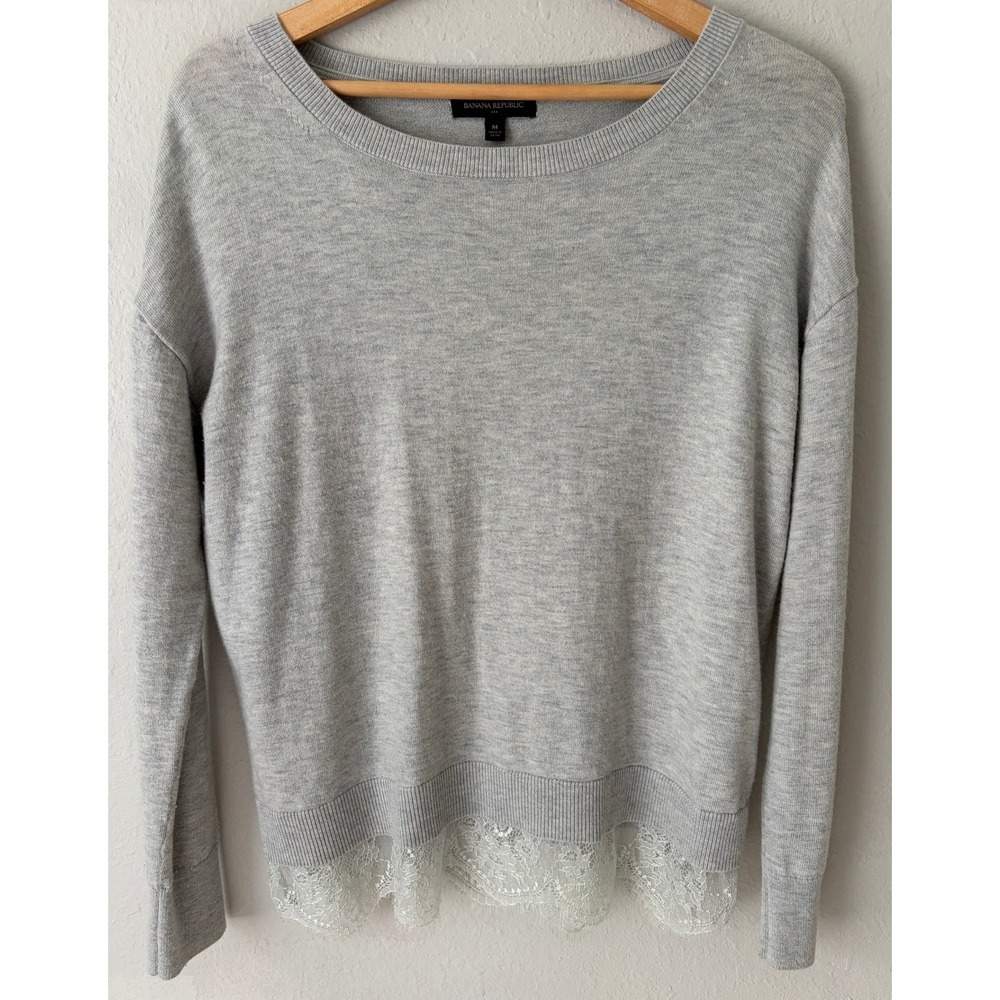 Banana Republic Womens Lace Trim Wool Blend Knit Sweater Size M Gray Pullover
